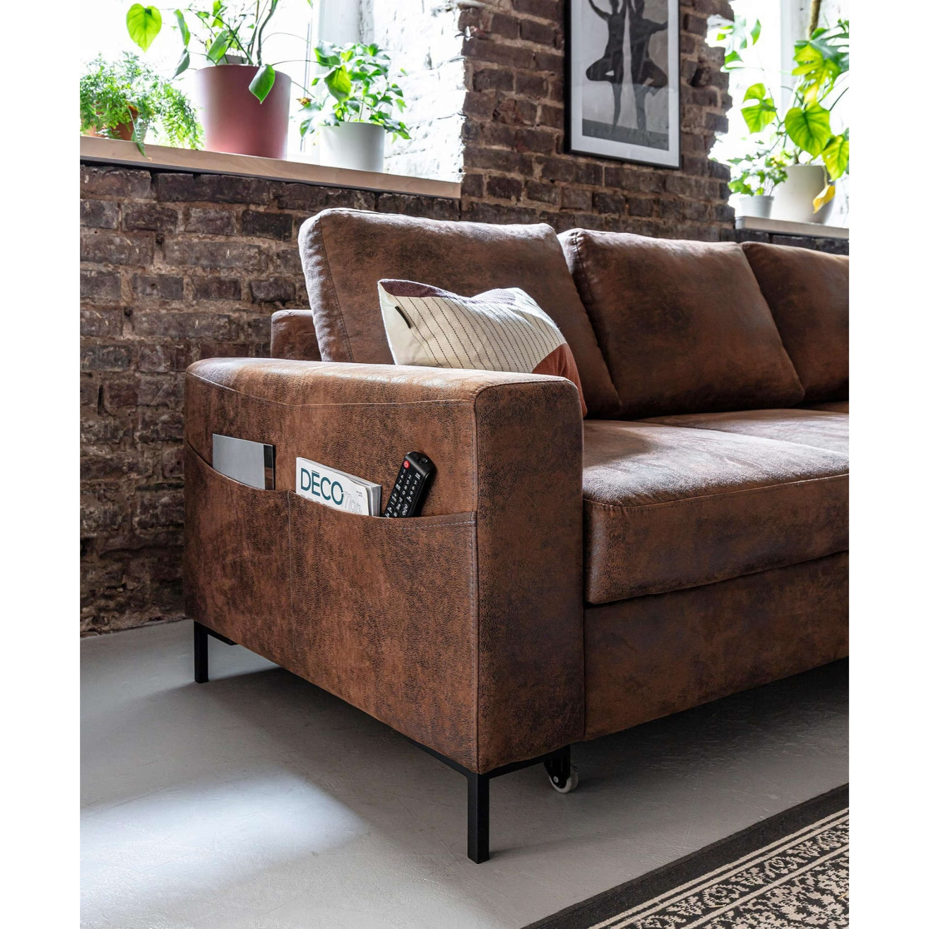Lilly - Canapé d'angle droit - 4 places - convertible avec coffre - en microfibre - Marron