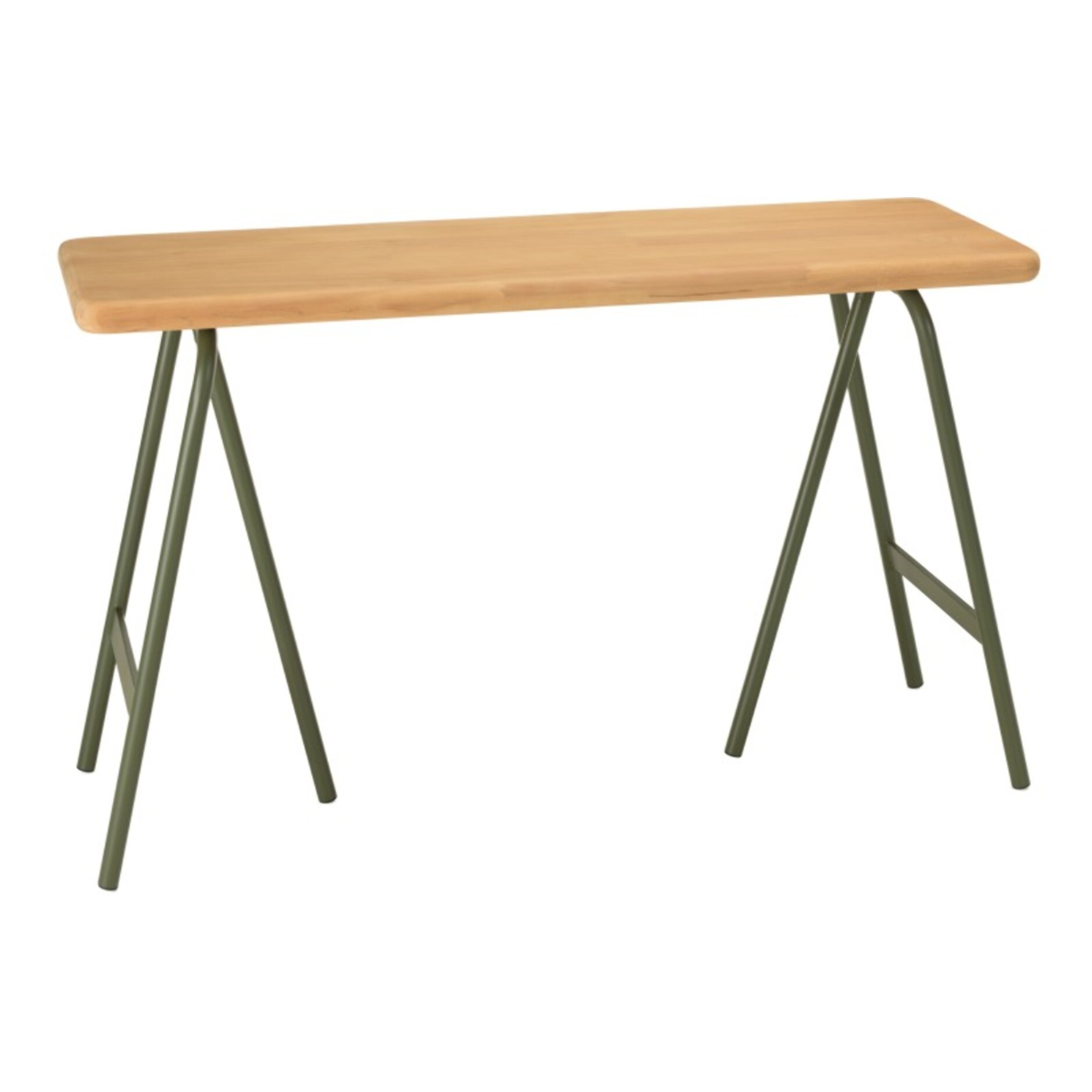 HELENA - Console plateau en pin et pieds tréteaux en métal vert