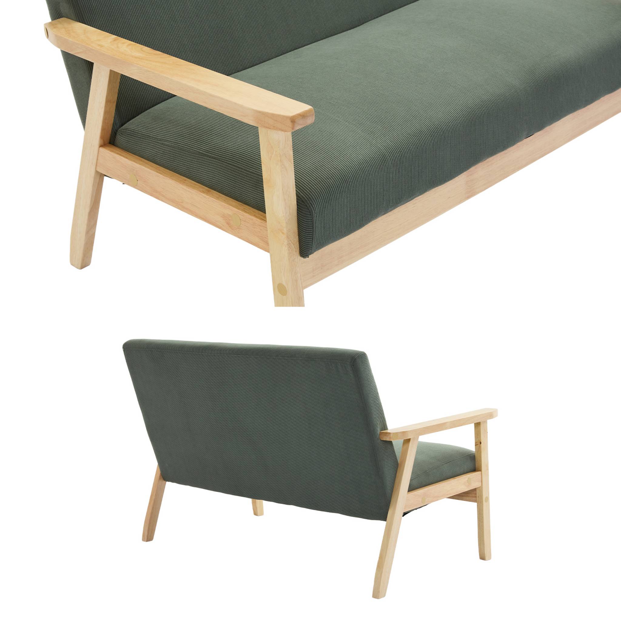 Banquette canapé 2 places en bois et tissu velours côtelé coloris vert kaki. Isak. L 114 x P 69.5 x H 73cm