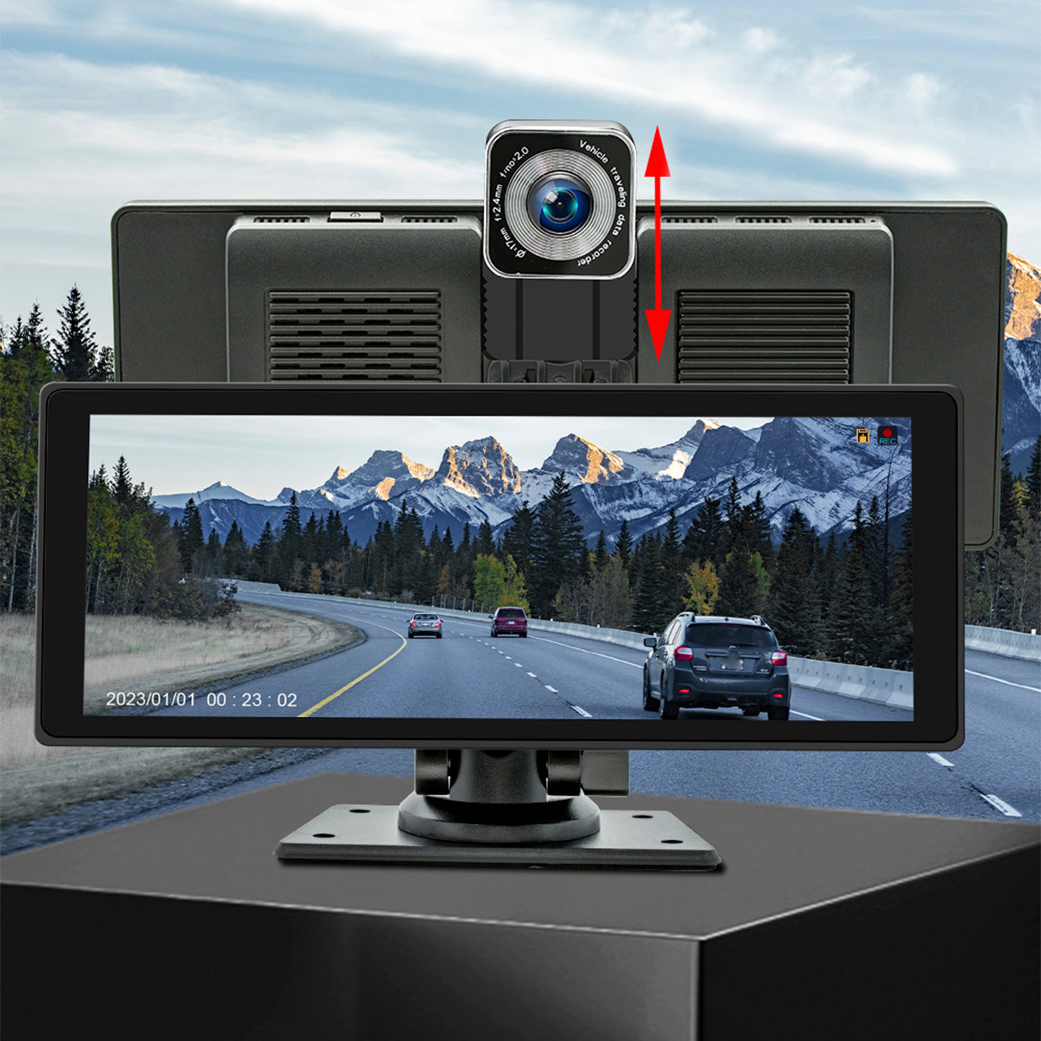 DAM Pantalla táctil B5303R para coche 10,2" HD. Android Auto/Car Play inalámbrico. Bluetooth MP5 con Mirror Link, dashcam frontal + trasera 12 LED. 24,45x2,5x9,8 Cm. Color: Negro