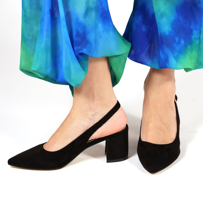 Dècolletè slingback in simil camoscio con tacco comodo quadrato