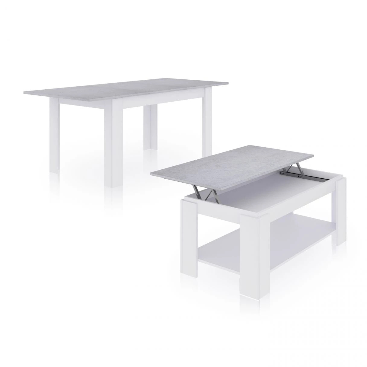 Pack mesa de comedor 140 y mesa de centro Lya Blanco Artik (Blanco Mate) - Gris Cemento