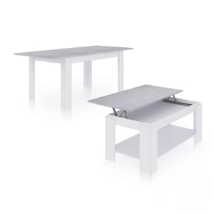 Pack mesa de comedor 140 y mesa de centro Lya Blanco Artik (Blanco Mate) - Gris Cemento