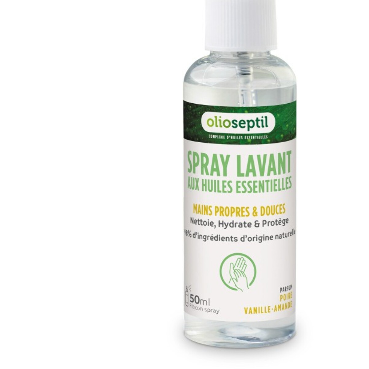 OLIOSEPTIL - Spray Lavant aux Huiles Essentielles - Mains propres & douces - 98% d'ingrédients d'origine naturelle - Nettoie, hydrate & protège - Sans rinçage - Poire Vanille-Amande - Spray 50ml