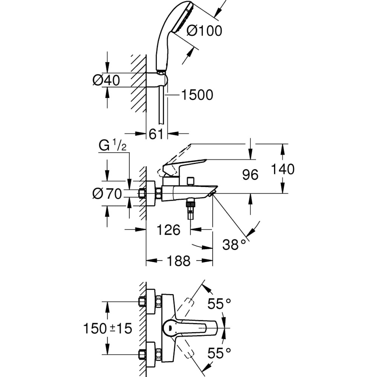 GROHE Start Mitigeur monocommande avec set de douche montage mural 23413002