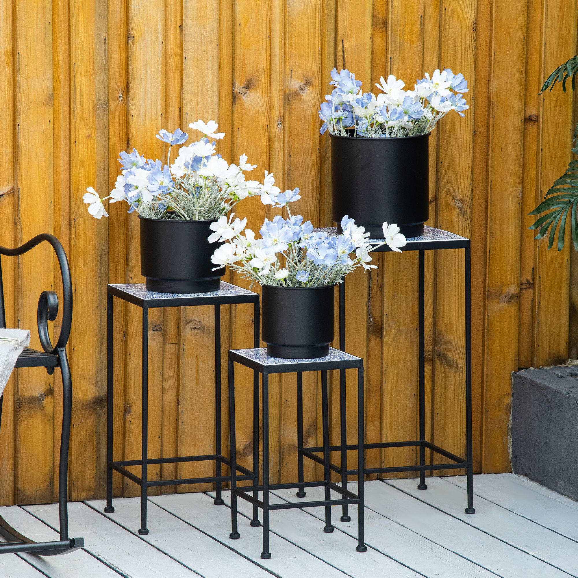 Support pots de fleurs 3 pièces - lot de 3 étagères à fleurs - portes plantes empilables - métal époxy plateaux carreaux céramique bleu