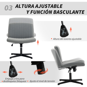 Silla de Oficina sin Brazos, Silla de Escritorio Giratoria con Función Basculante, Piernas Cruzadas, Asiento Ancho y Cómodo, Altura Ajustable, sin Ruedas, para Dormitorio Sala de Estar Gris