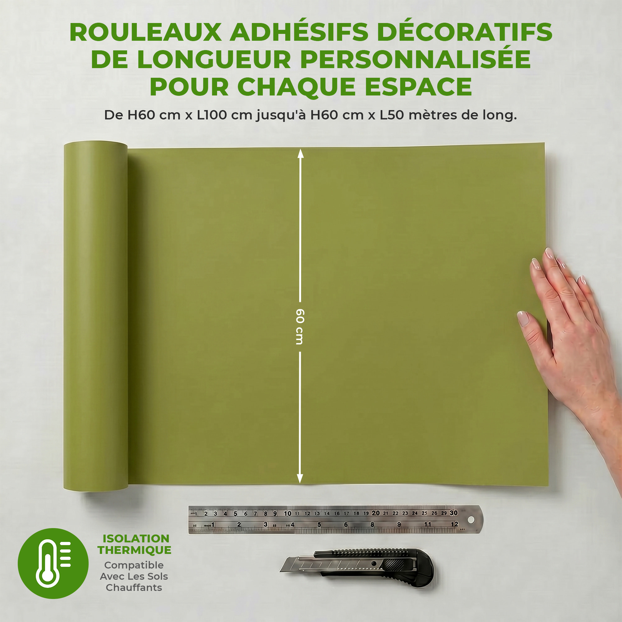 Rouleau adhésif décoratif Vinyle au Mètre - Vert olive - Sticker Lavable Imperméable Mur Cuisine Meubles
