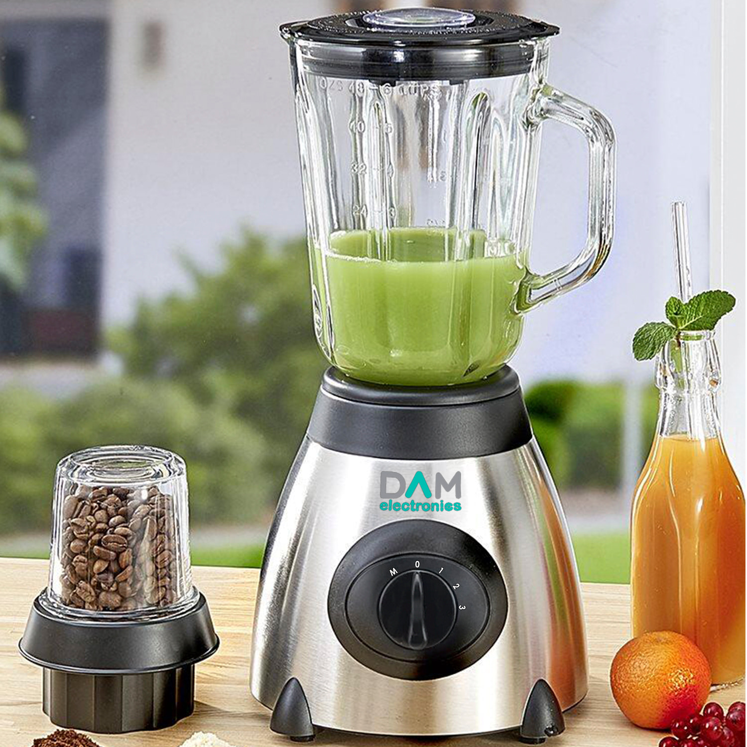 Batidora 2 en 1 de vaso 1,5L acero inoxidable . Jarra de cristal, 1500W, cuchillas de acero inox, pica hielo, Smoothies, zumos. 3 velocidades. Vaso auxiliar.