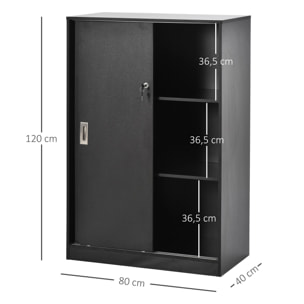 Armoire de bureau 2 portes coulissantes verrouillables dim. 80L x 40l x 120H cm 2 étagères panneaux particules noir