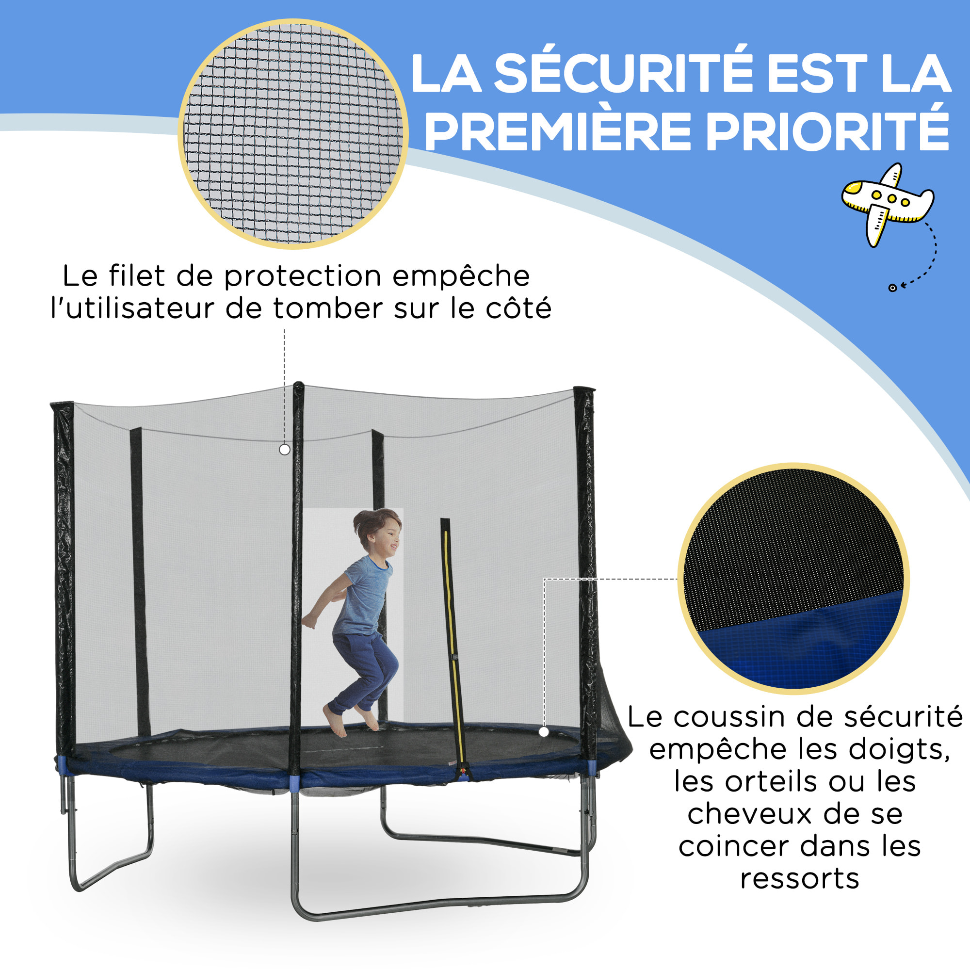 Trampoline d'extérieur Ø 305 cm avec filet de sécurité, poteaux rembourrés et échelle