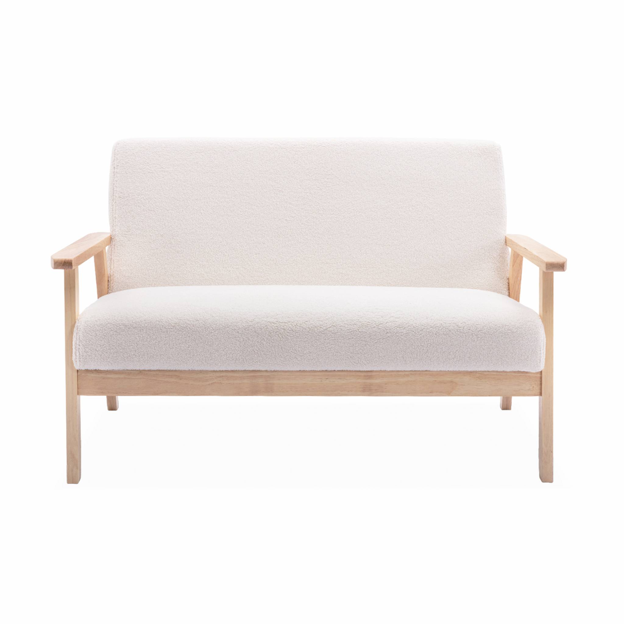 Banquette et fauteuil en bois et tissu bouclette. Isak. L 114 x l 69.5 x H 73cm