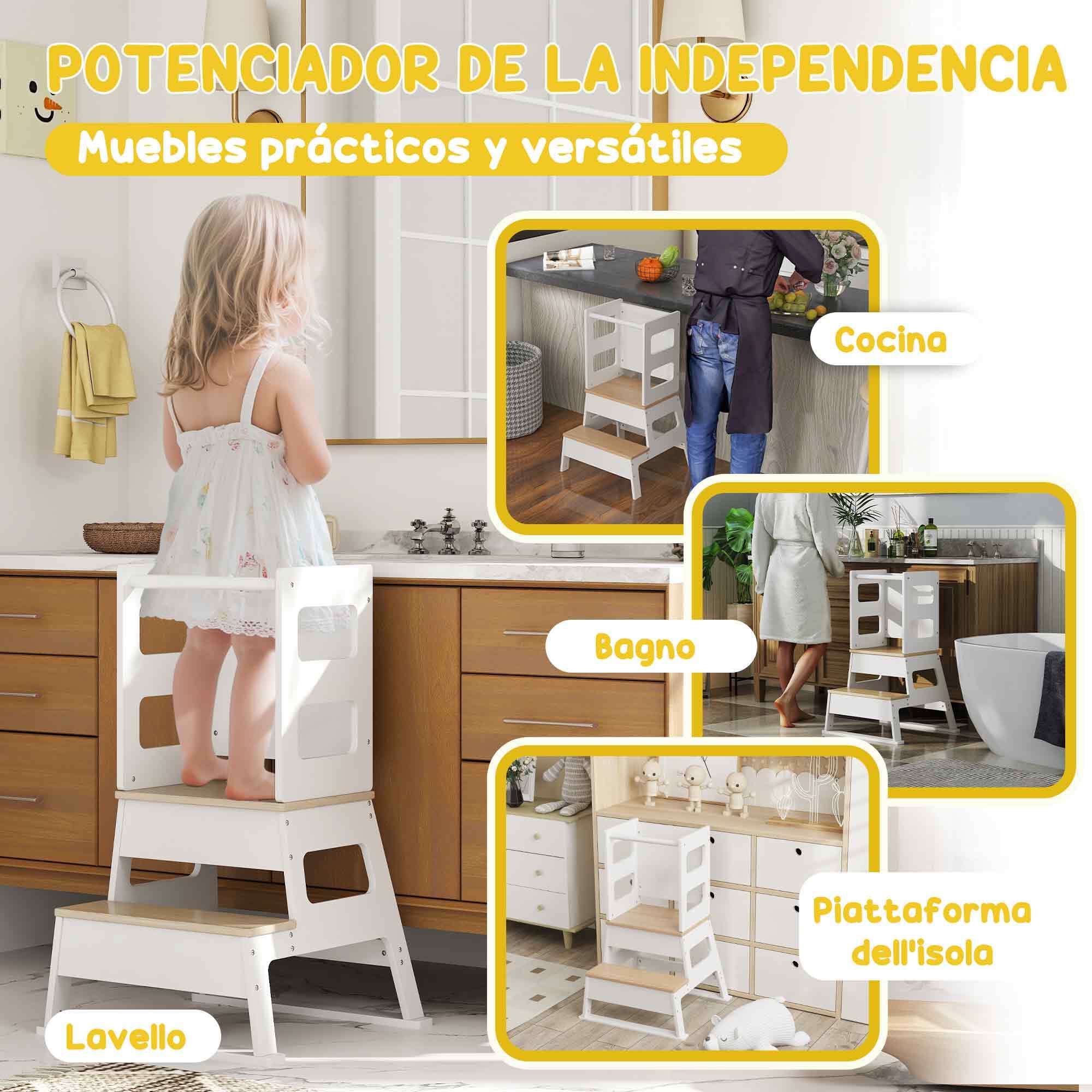 Torre de Aprendizaje 2 en 1 Taburete de Aprendizaje para Niños de +3 Años con Pizarra y Barrera de Seguridad para Baño Cocina 55x52,5x87,5 cm Blanco