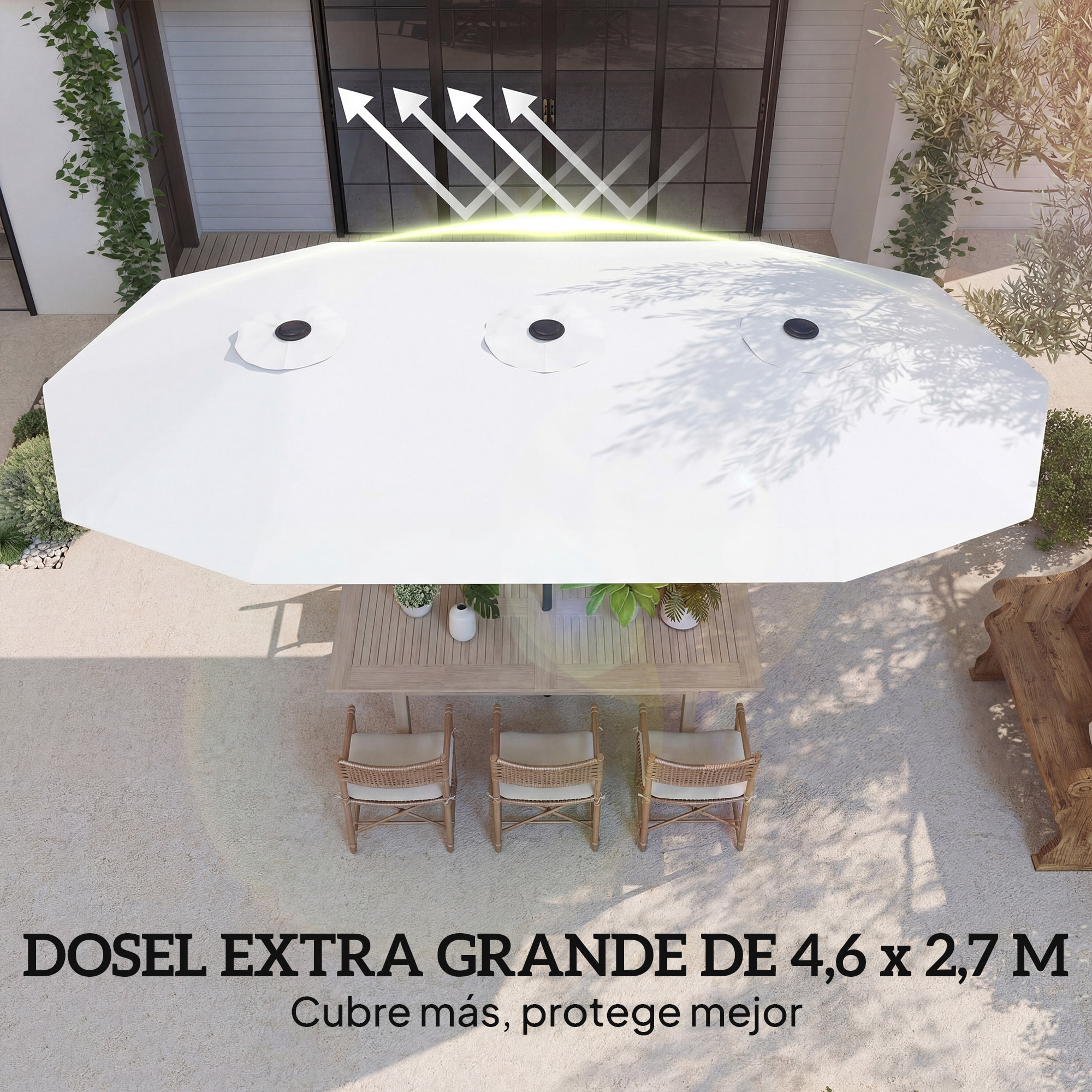 Sombrilla Doble 4,6x2,6 m, Sombrilla Terraza Exterior con Manivela Manual, Protección UV50+, Funda Protectora, Resistente al Agua, Parasol para Jardín, Terraza, Patio, Blanco