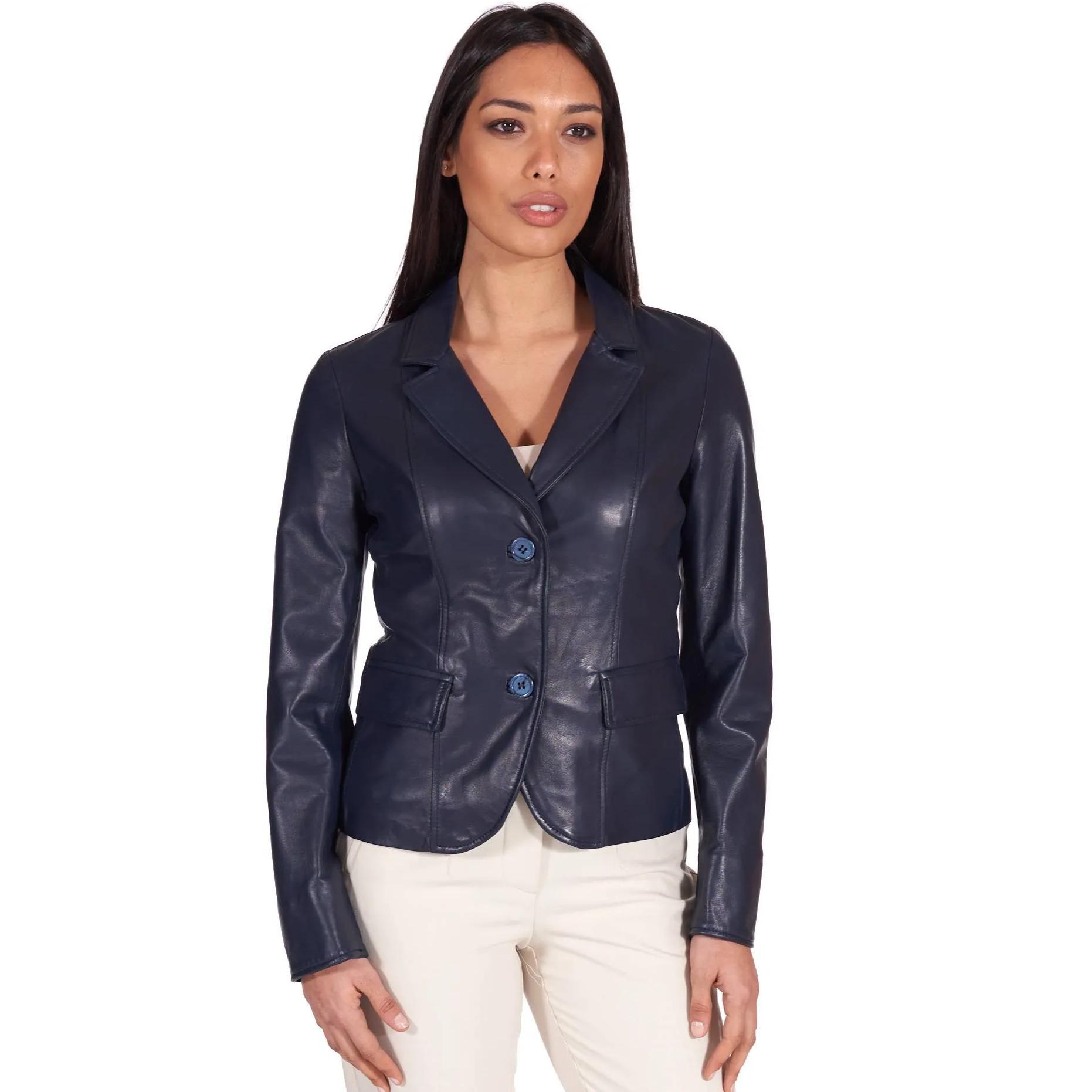 Giacca blazer in pelle blu due bottoni nappa effetto liscio