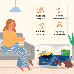 Jaula para Hurones con Bandeja Inferior Jaula para Animales Pequeños con Plataforma con Rampa Comedero y Bebedero Recinto para Conejos Pequeños Chinchillas Cobayas 71x46x47 cm Blanco y Azul