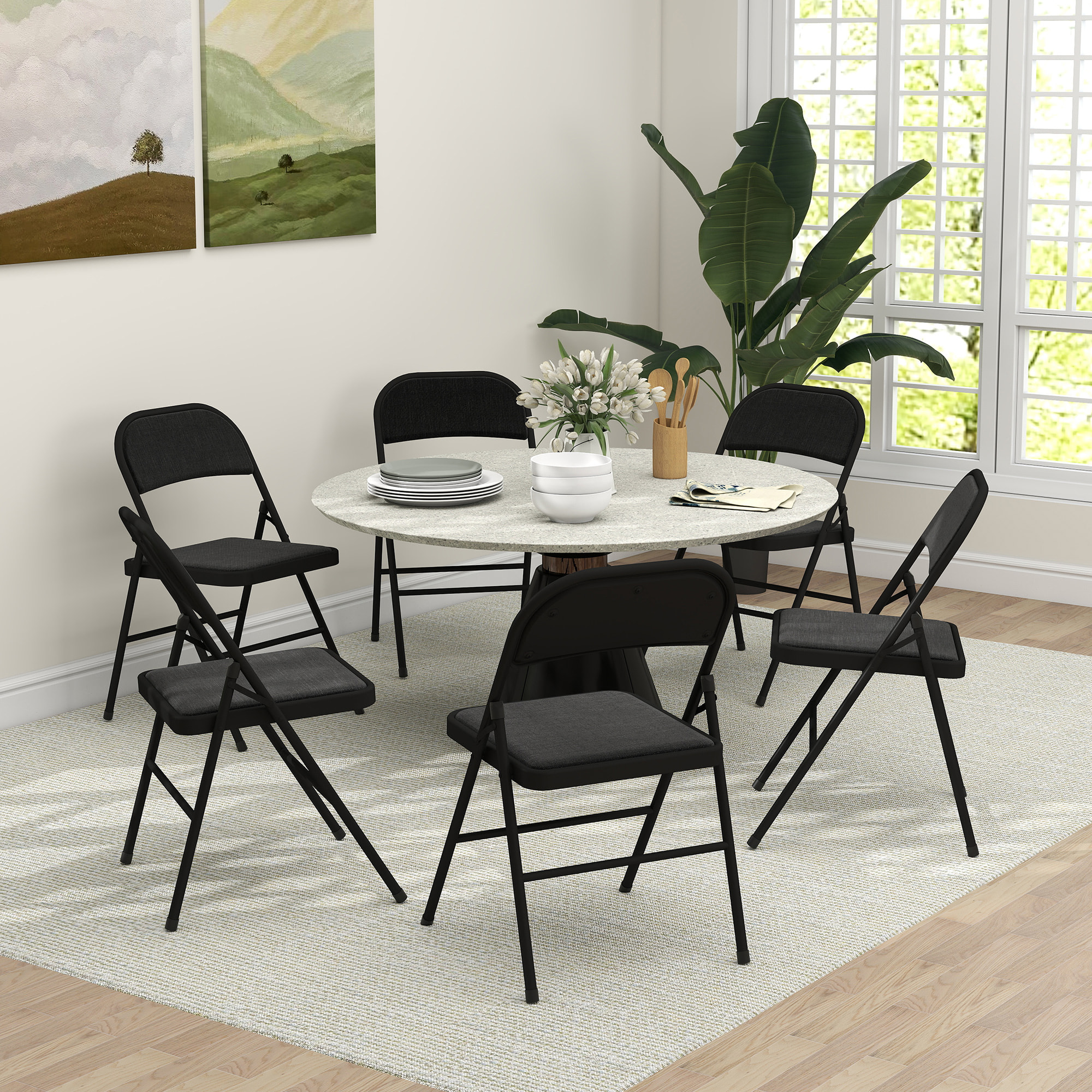 Lot de 6 chaises pliantes assise dossier rembourrés acier tissu toucher lin noir