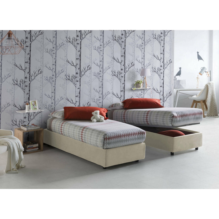 Letto singolo Acrostico, Letto contenitore con rivestimento in tessuto, 100% Made in Italy, Apertura frontale, adatto per materasso Cm 90x190, Beige