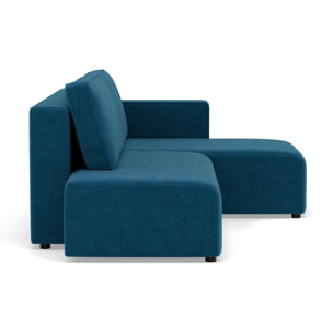 Topaze - canapé d'angle droit 4 places convertible avec coffre sans accoudoir en velours côtelé - Bleu