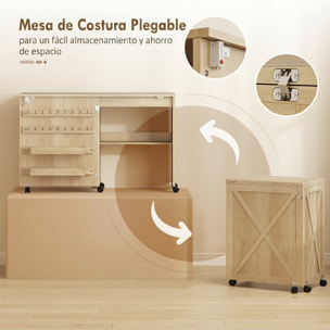 Mesa de Costura Plegable, Mesa Máquina de Coser con Puerta Magnética, 2 Compartimentos, Estante, 18 Soportes para Hilos, 5 Ruedas, Ahorro de Espacio, Natural