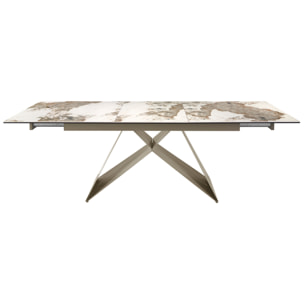 Mesa comedor extensible rectangular con tapa de mármol porcelánico blanco con vetas en tonos tierra en acabado brillo 180x90x76cm