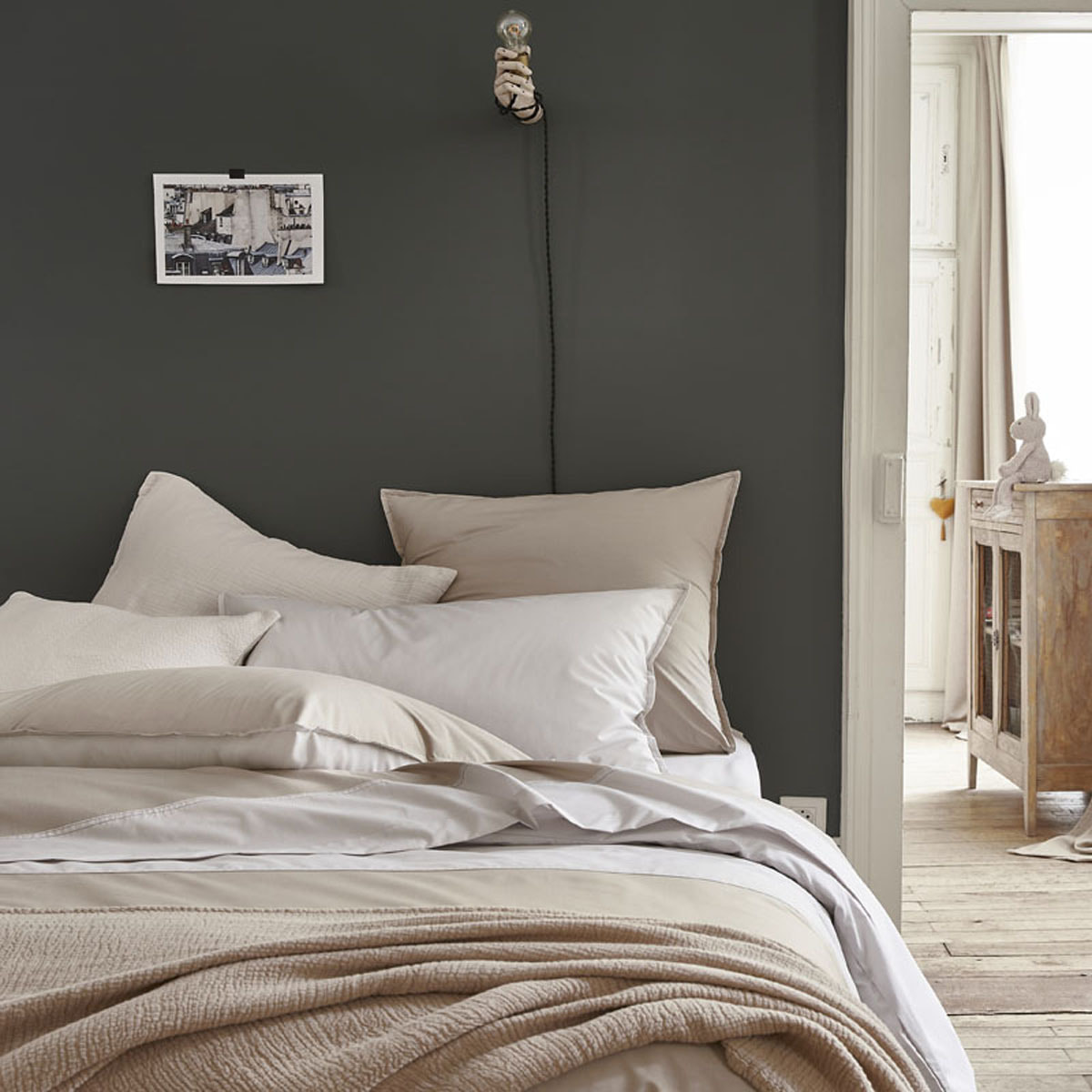 Housse de couette bicolore en percale de coton, RENDEZ-VOUS, Gris perle