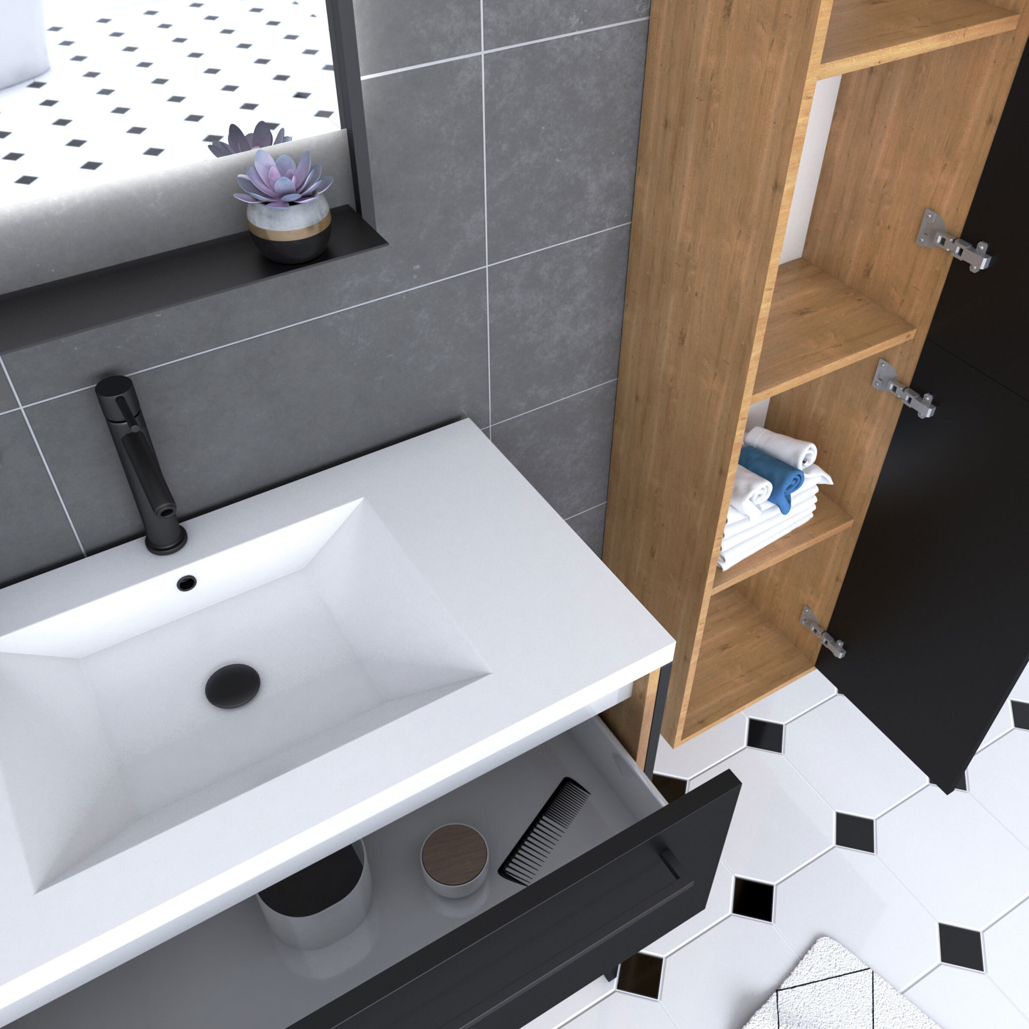 Meuble Salle de Bains 80 cm, Vasque Blanche, Miroir Led et Colonne - Chêne et Noir - STRUCTURA