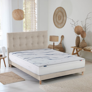 Ensemble matelas mémoire de forme MEMORIA avec sommier et tête de lit, chenille bouclettes crème