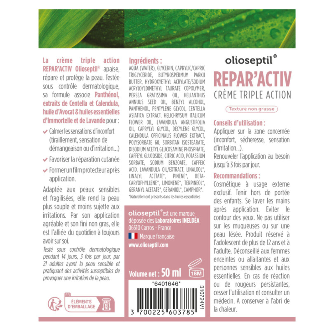 OLIOSEPTIL - Repar'activ - Crème triple action - Aide à Apaiser, Répare et Protège la peau - Adaptée aux Peaux Sensibles - Vegan - Tube 50 ml