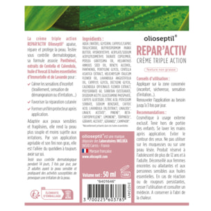 OLIOSEPTIL - Repar'activ - Crème triple action - Aide à Apaiser, Répare et Protège la peau - Adaptée aux Peaux Sensibles - Vegan - Tube 50 ml