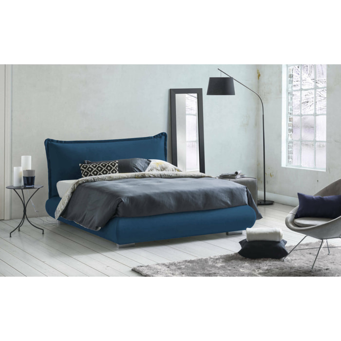 Letto matrimoniale Geras, Letto contenitore con rivestimento e testata in tessuto, 100% Made in Italy, Apertura frontale, adatto per materasso 160x190 cm, Blu