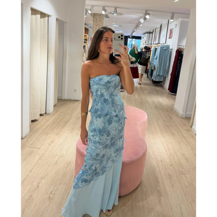 Vestido largo de tres capas con estampado floral