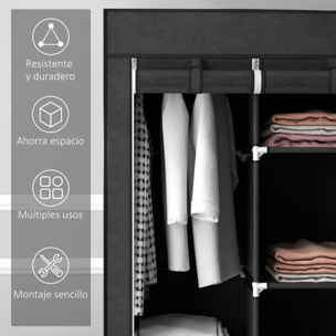 Armario de Tela Plegable, Armario Portátil con 2 Barras para Colgar, 8 Estantes, Marco de Acero, para Dormitorio, Vestidor, 125x43x162,5 cm, Negro