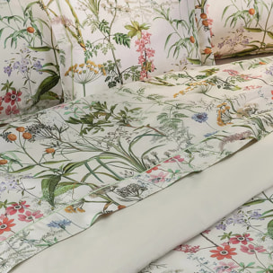 Drap plat satin de coton imprimé beige vert rose Prairie legere beige