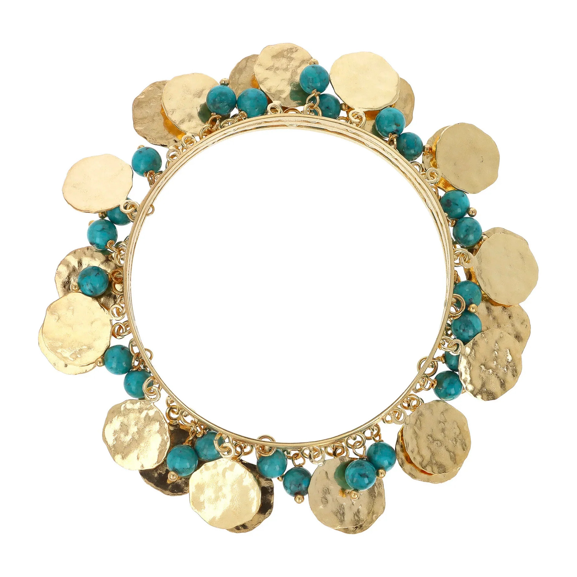 Bracciale Rigido Triplo placcato Oro Giallo 18Kt con Ciondoli Martellati e Sfere in Corallo Bambù Rosa