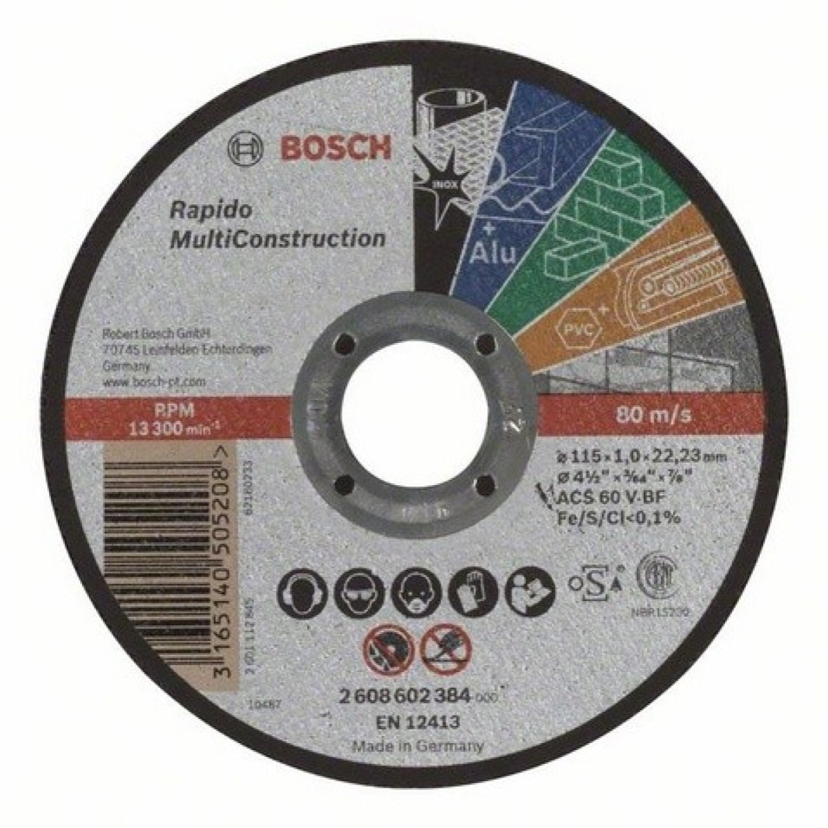 Disque UNIVERSEL à tronçonner BOSCH à moyeu plat Rapido Multi Construction 115X1.0 MM - 2608602384