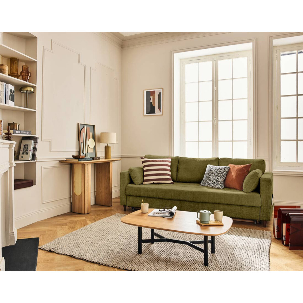Anna - canapé droit 3 places convertible avec poche en velours texturé - Vert Olive