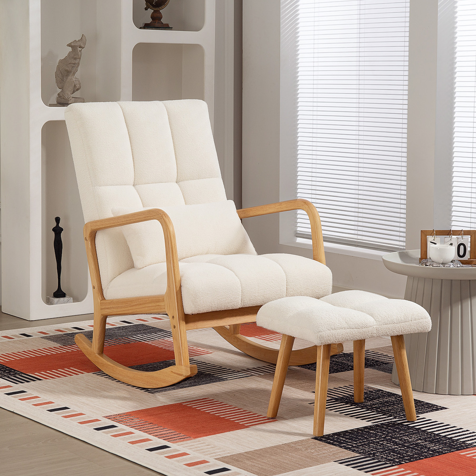 Silla Mecedora con Reposapiés, Sillón de Relax Tapizado en Bouclé con Cojín Acolchado, Respaldo Ergonómico, Reposabrazos y Patas de Madera, Carga 120 kg, para Salón, Dormitorio, Blanco