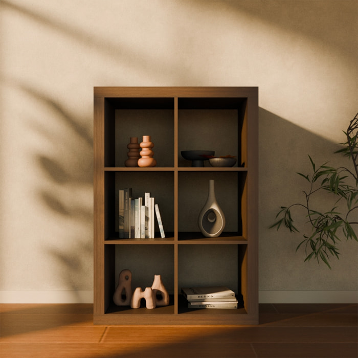 Etagère bibliothèque décor bois 2 niveaux 6 compartiments BASIKS