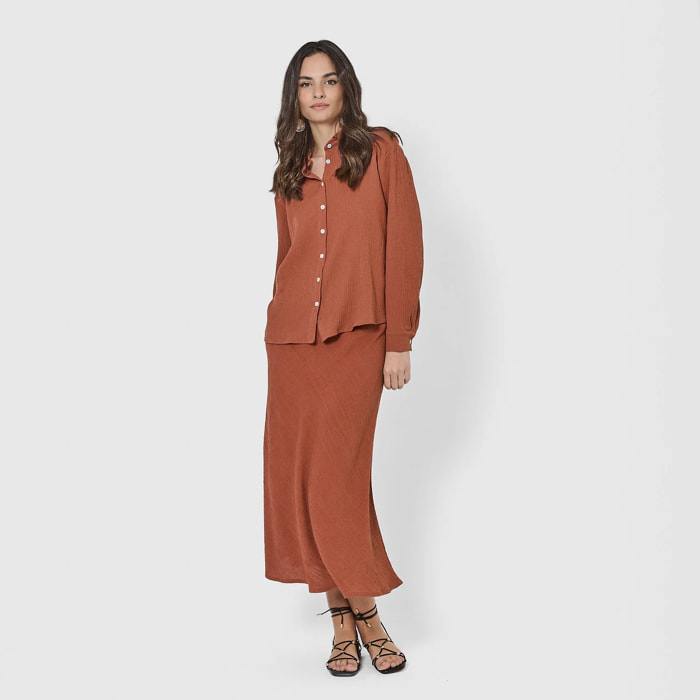 Falda midi evasé algodón lino rosette