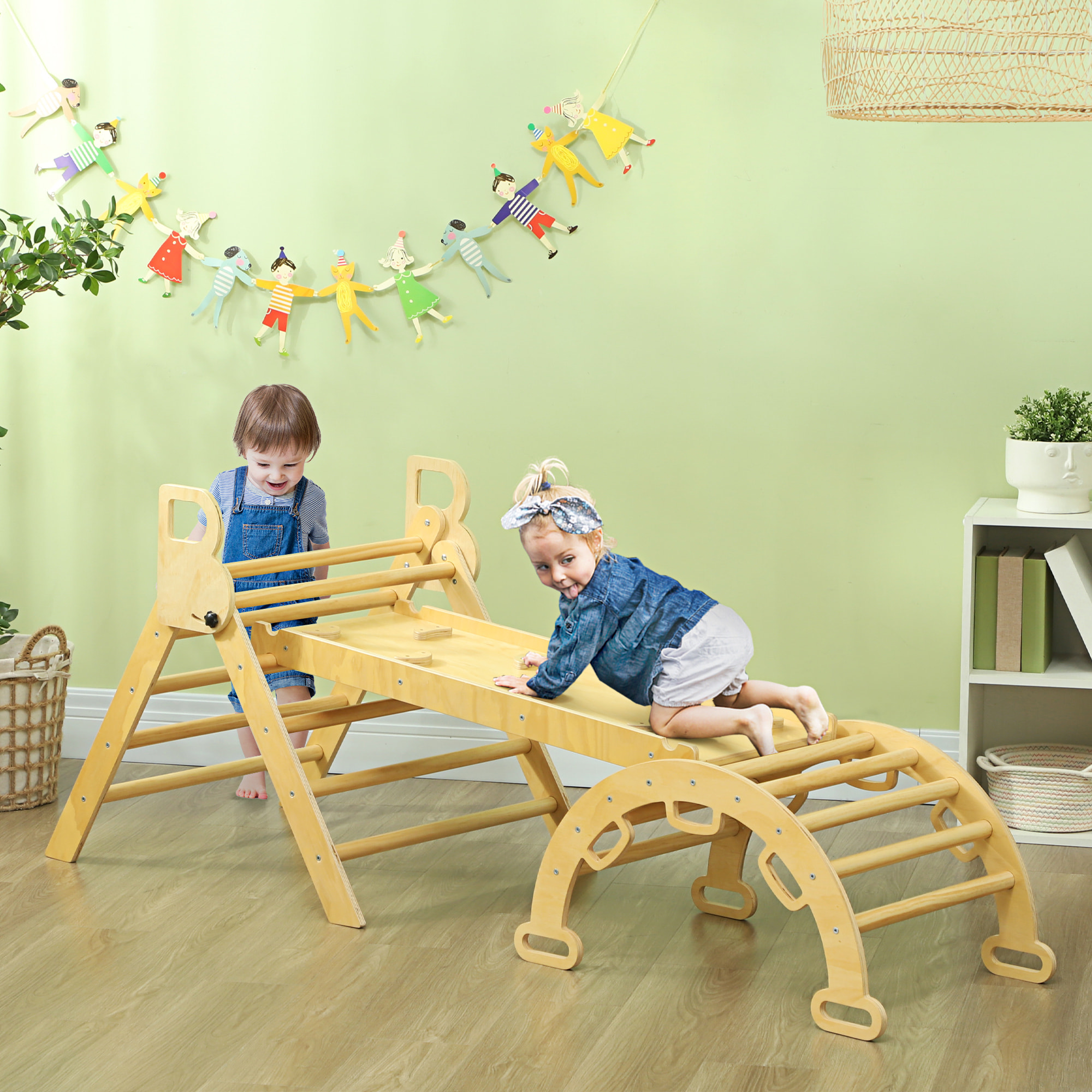 Ensemble d'escalade en bois 5 en 1 - triangle Pikler, arche, bascule, toboggan, rampe - panneaux bois pin