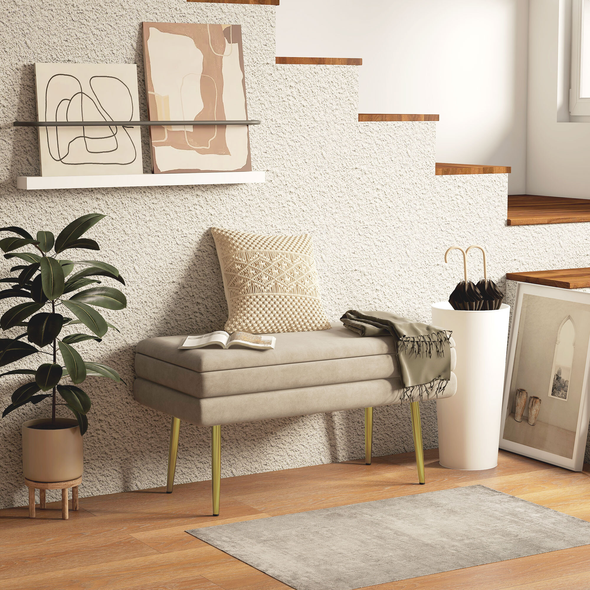 Puff Almacenaje 30L, Banco Almacenaje con Tapa Abatible y Patas de Acero, Tapizado en Terciopelo, Pie de Cama, para Dormitorio, Salón, Entrada, Carga 120 kg, 79,5x37,5x43 cm, Beige