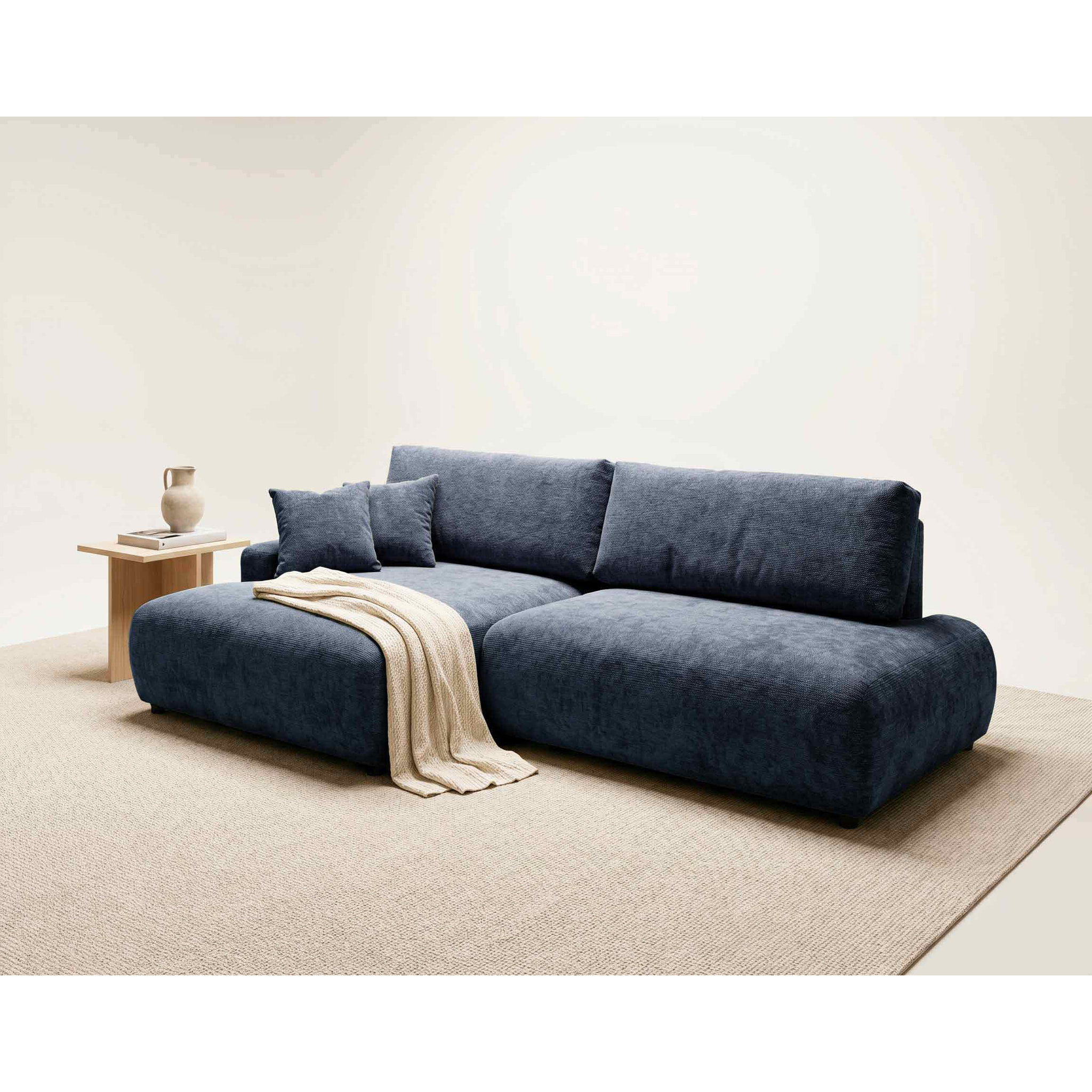 Pivoine - Canapé d'angle ouvert gauche 4 places convertible avec coffre en tissu texturé - Bleu marine