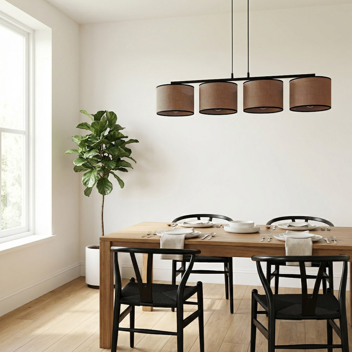 Lampada a sospensione ECO a 4 luci in acciaio nero e tessuto marrone