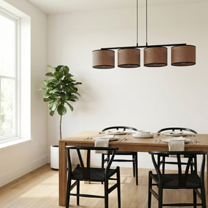 Lampada a sospensione ECO a 4 luci in acciaio nero e tessuto marrone