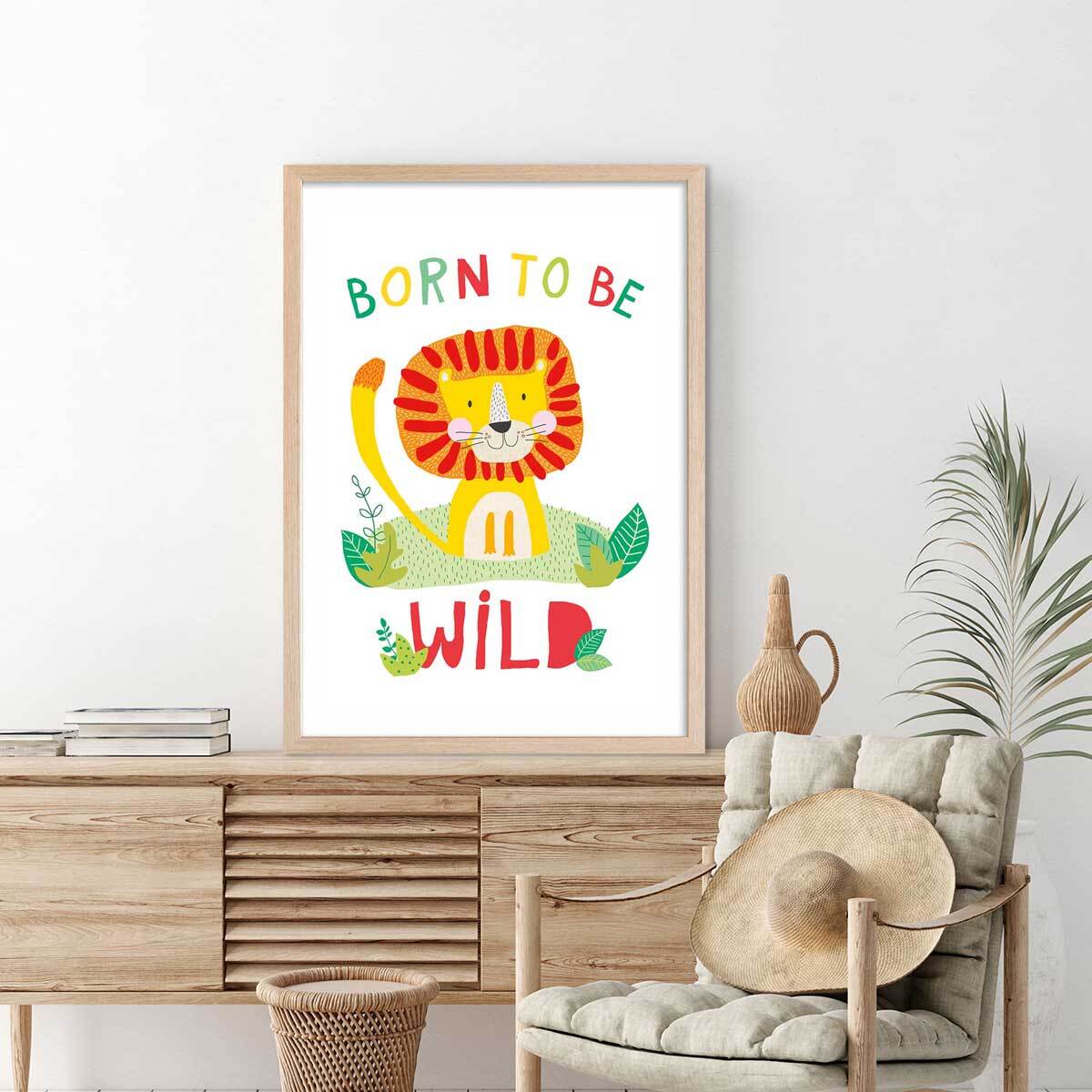 Affiche enfant lion born to be wild Affiche sous cadre bois
