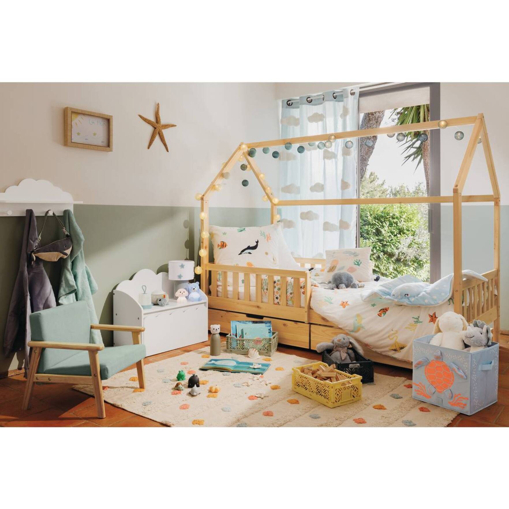 Lit cabane enfant Bosco 2 tiroirs 194,8x98x155,5cm Naturel
