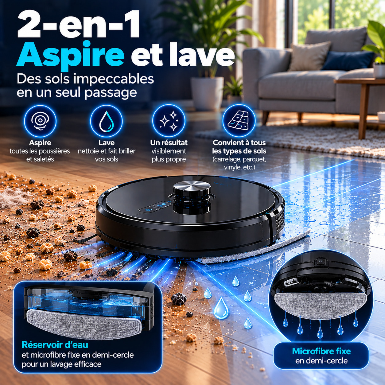 Robot aspirateur laveur connecté avec base aspirante EZIclean® I-Bot Z7 LIDAR IA