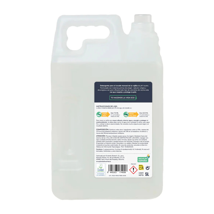 Lavavajillas Manual Hipoalergénico Sin perfume Eco Planeta Huerto 5l