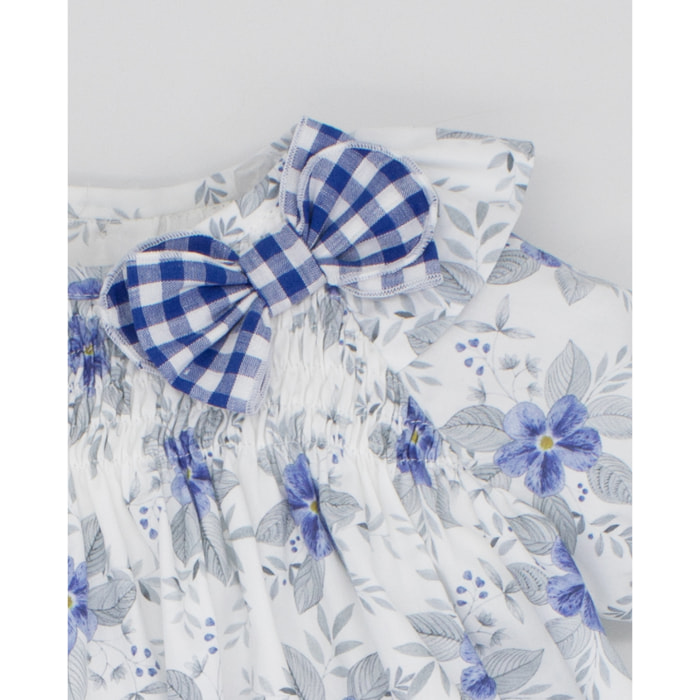 VESTIDO FLOR AZUL CUERPO GOMITAS Y LAZO VICHY